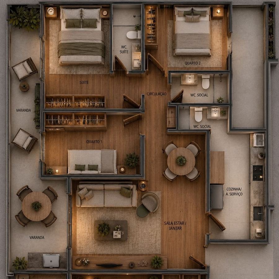 Planta humanizada do apartamento de 3 quartos